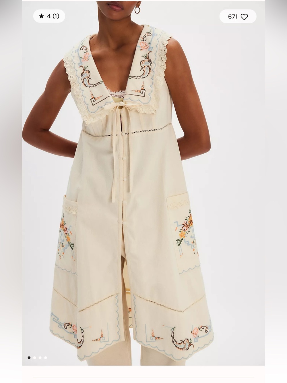Free People Allie Embroidered Crosstitched Longline Vintage Cute Vest XS
